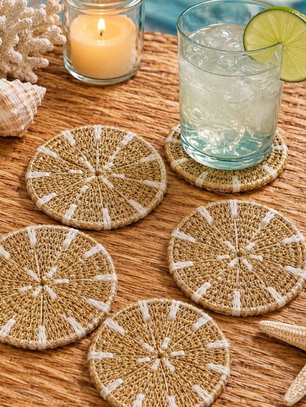 Bloomingville Seagrass Woven Coaster Set Of 4- Natural & White